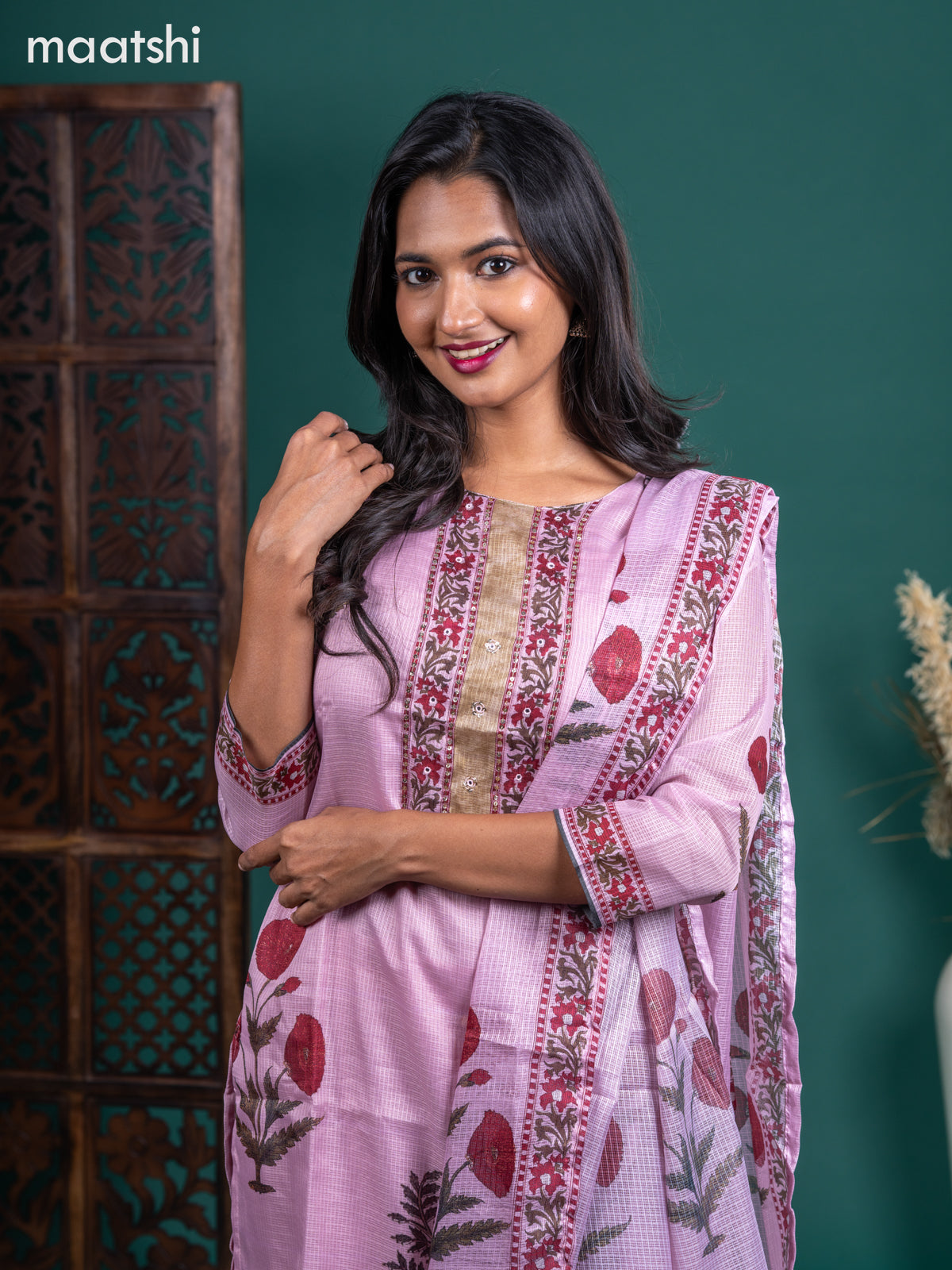 Kota salwar suit pastel pink with butta prints & mirror sequin work neck pattern and straight cut pant & kotta dupatta