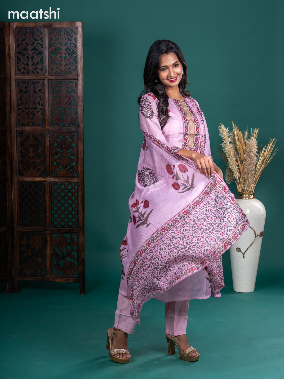 Kota salwar suit pastel pink with butta prints & mirror sequin work neck pattern and straight cut pant & kotta dupatta