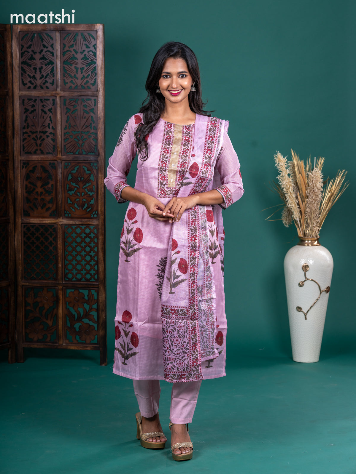 Kota salwar suit pastel pink with butta prints & mirror sequin work neck pattern and straight cut pant & kotta dupatta