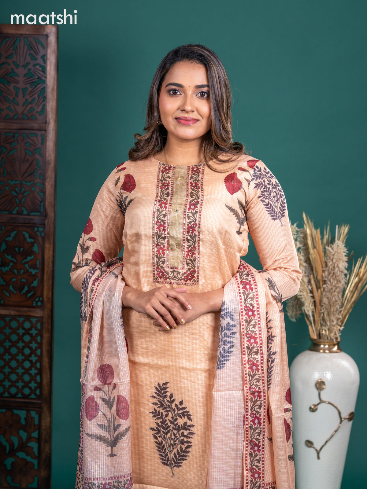 Kota salwar suit sandal with butta prints & mirror sequin work neck pattern and straight cut pant & kotta dupatta