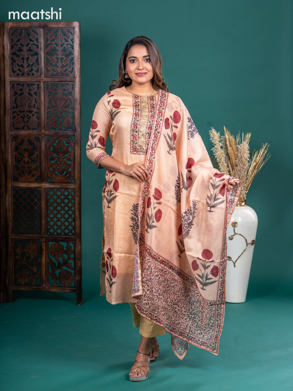 Kota salwar suit sandal with butta prints & mirror sequin work neck pattern and straight cut pant & kotta dupatta
