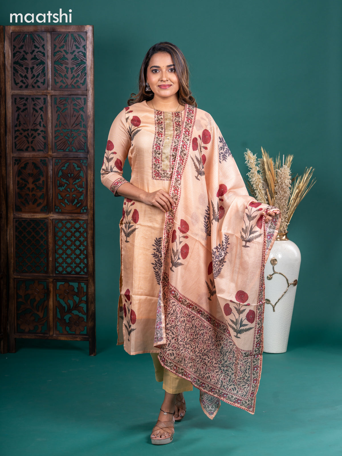 Kota salwar suit sandal with butta prints & mirror sequin work neck pattern and straight cut pant & kotta dupatta