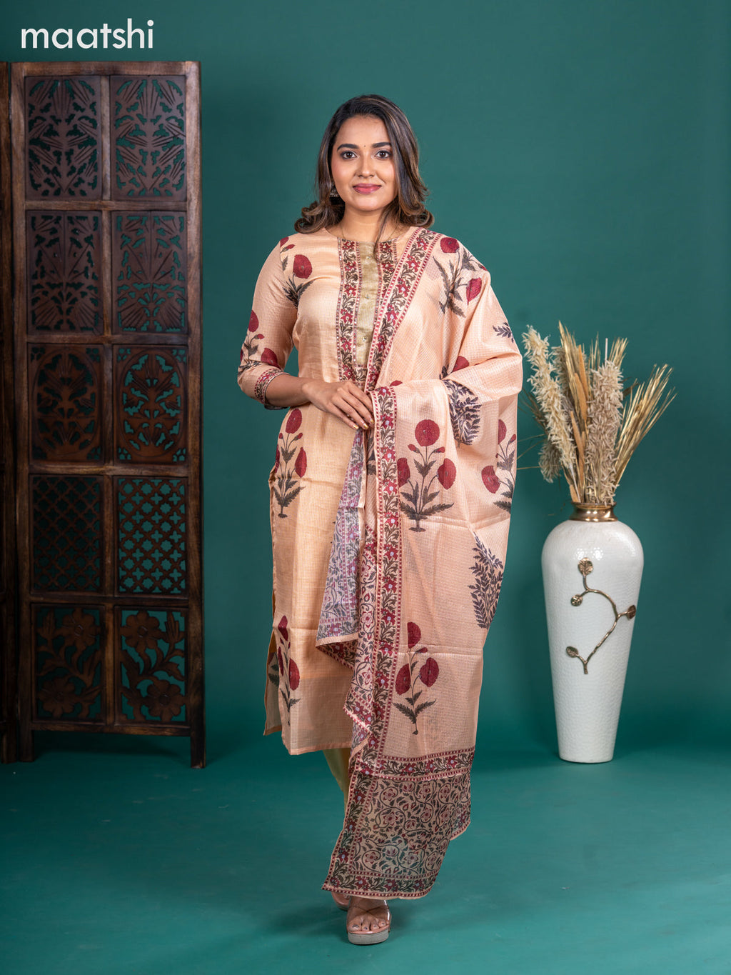 Kota salwar suit sandal with butta prints & mirror sequin work neck pattern and straight cut pant & kotta dupatta