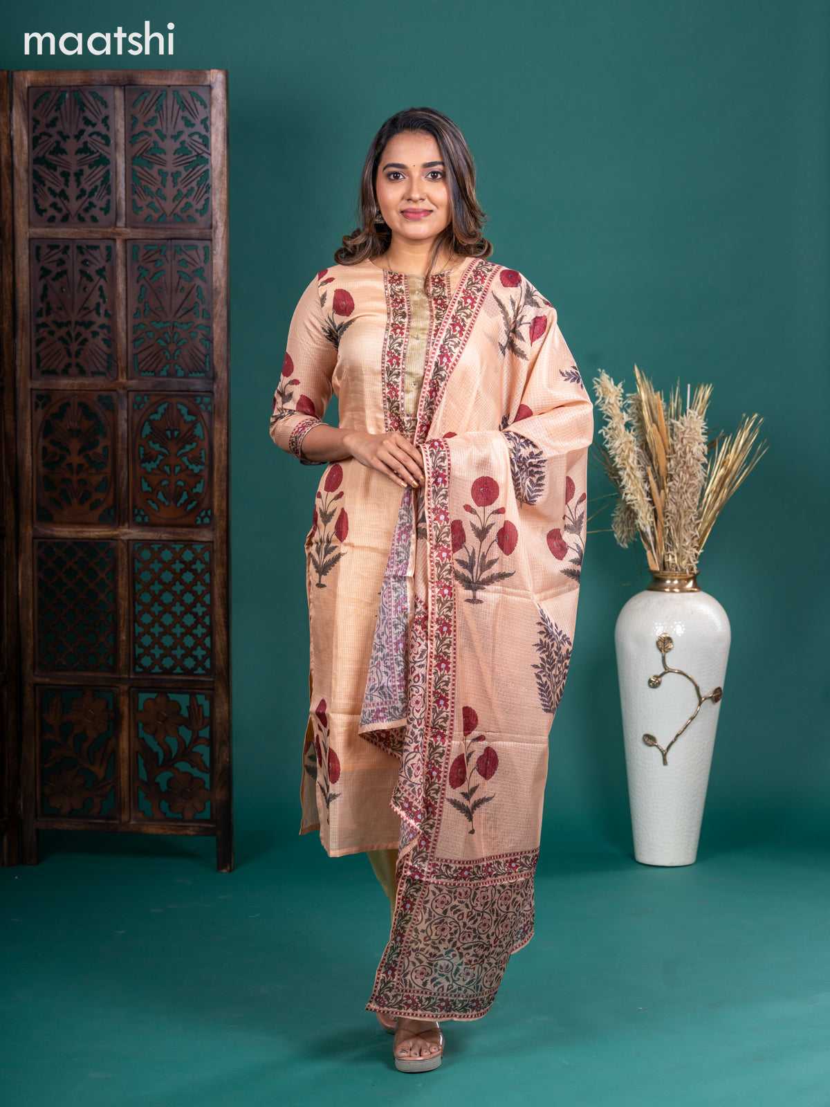 Kota salwar suit sandal with butta prints & mirror sequin work neck pattern and straight cut pant & kotta dupatta