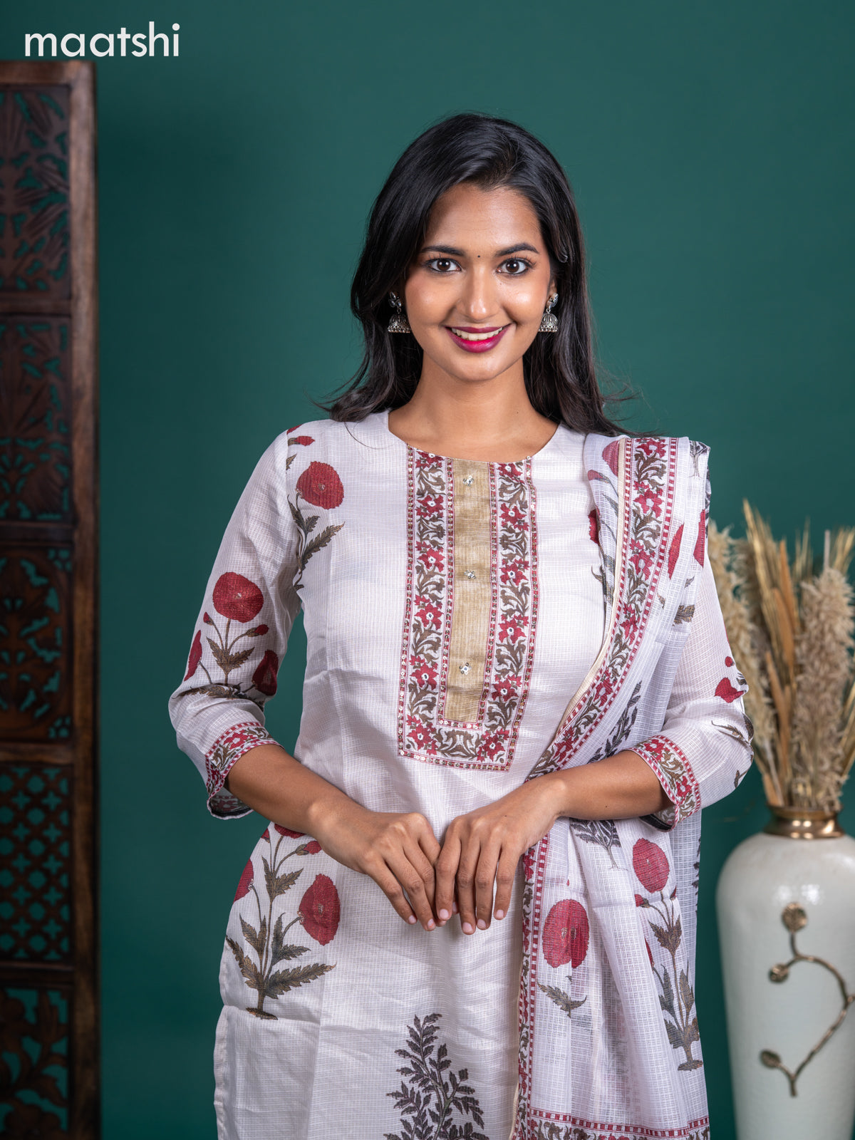 Kota salwar suit off white with butta prints & mirror sequin work neck pattern and straight cut pant & kotta dupatta