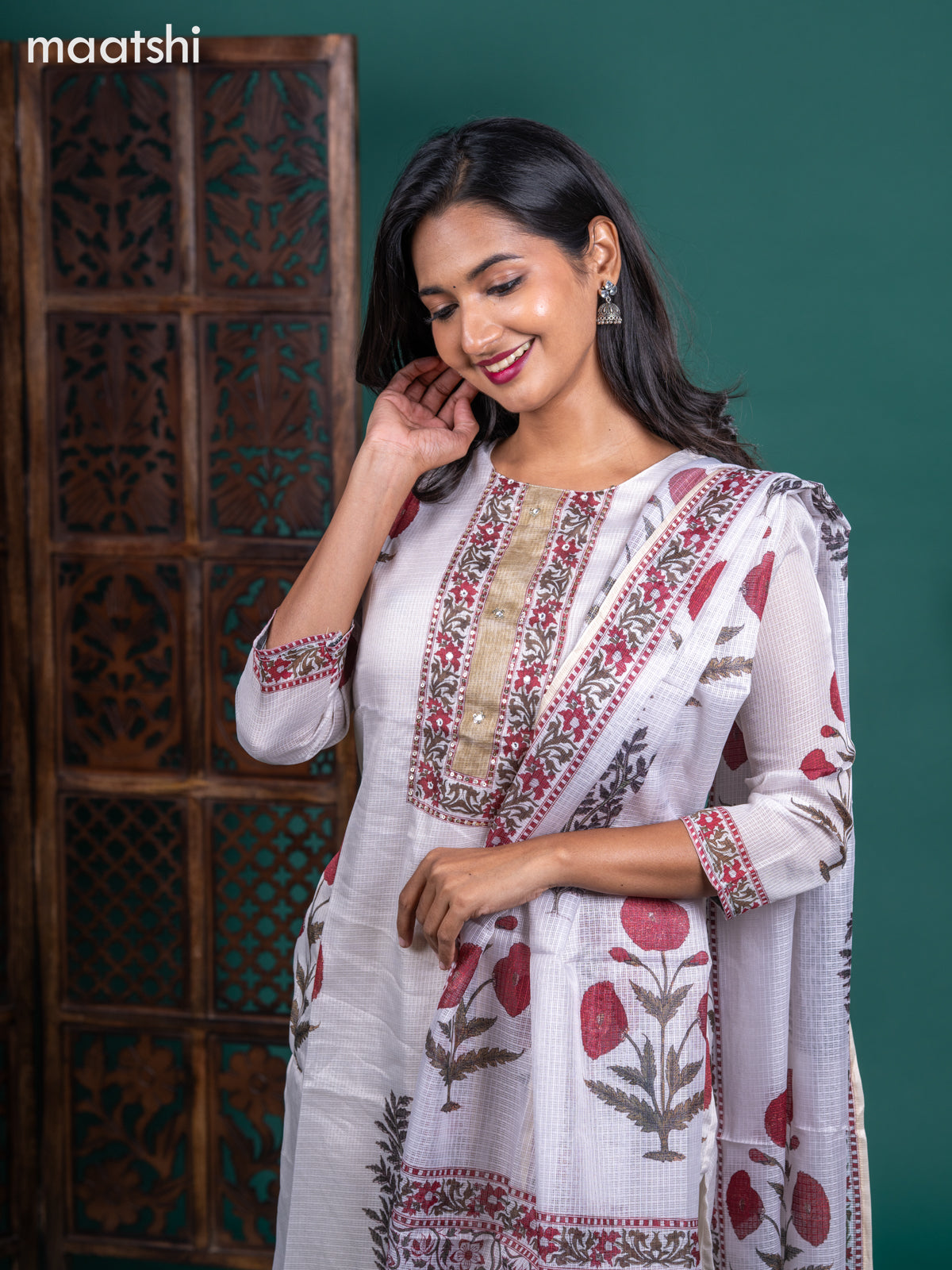 Kota salwar suit off white with butta prints & mirror sequin work neck pattern and straight cut pant & kotta dupatta