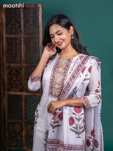Kota salwar suit off white with butta prints & mirror sequin work neck pattern and straight cut pant & kotta dupatta