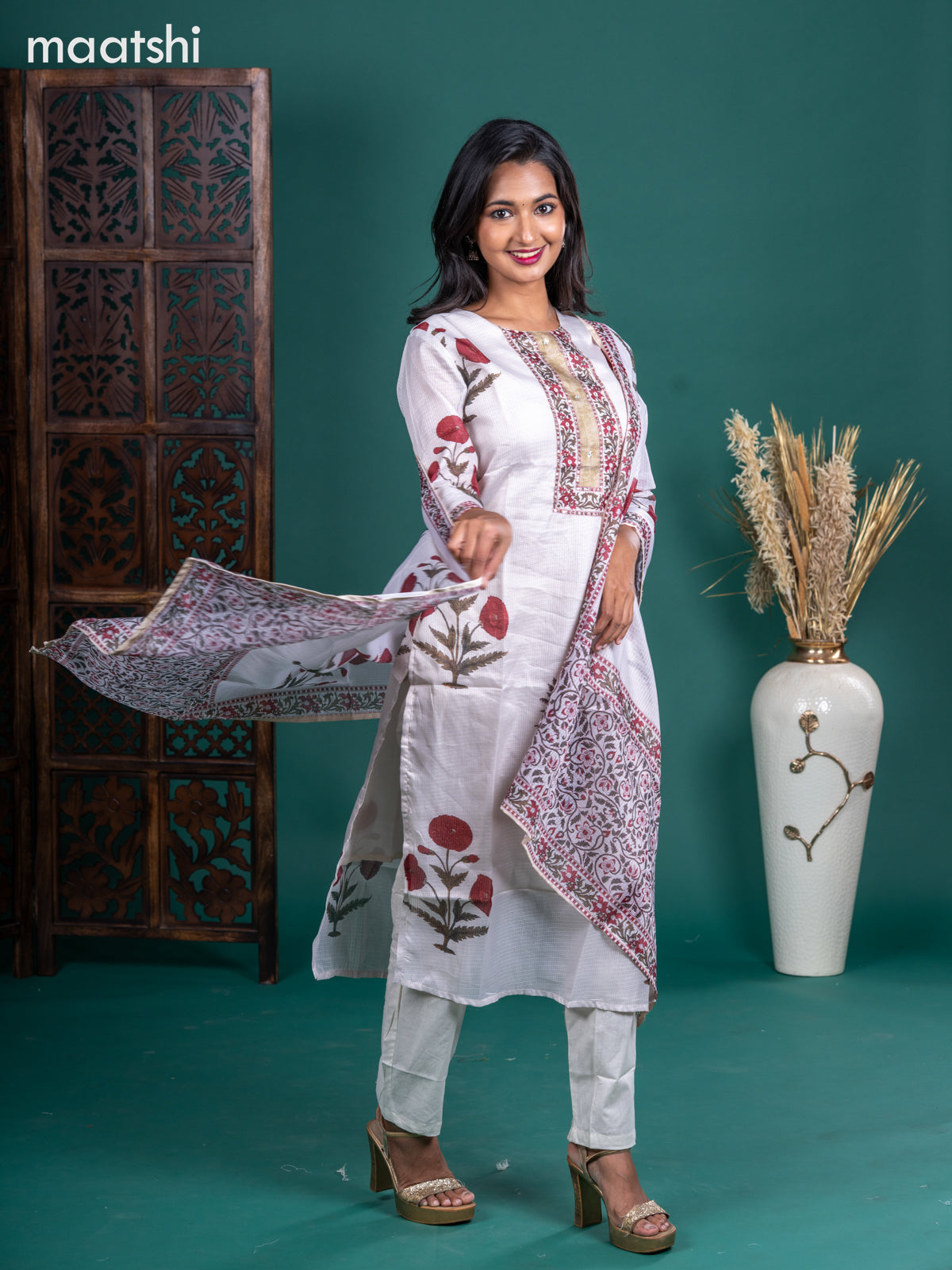 Kota salwar suit off white with butta prints & mirror sequin work neck pattern and straight cut pant & kotta dupatta