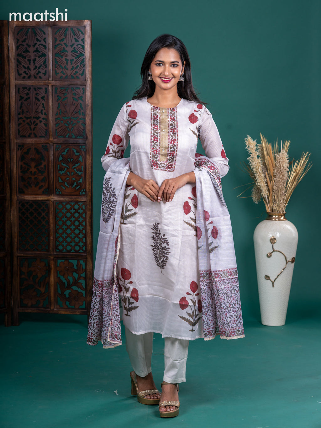 Kota salwar suit off white with butta prints & mirror sequin work neck pattern and straight cut pant & kotta dupatta