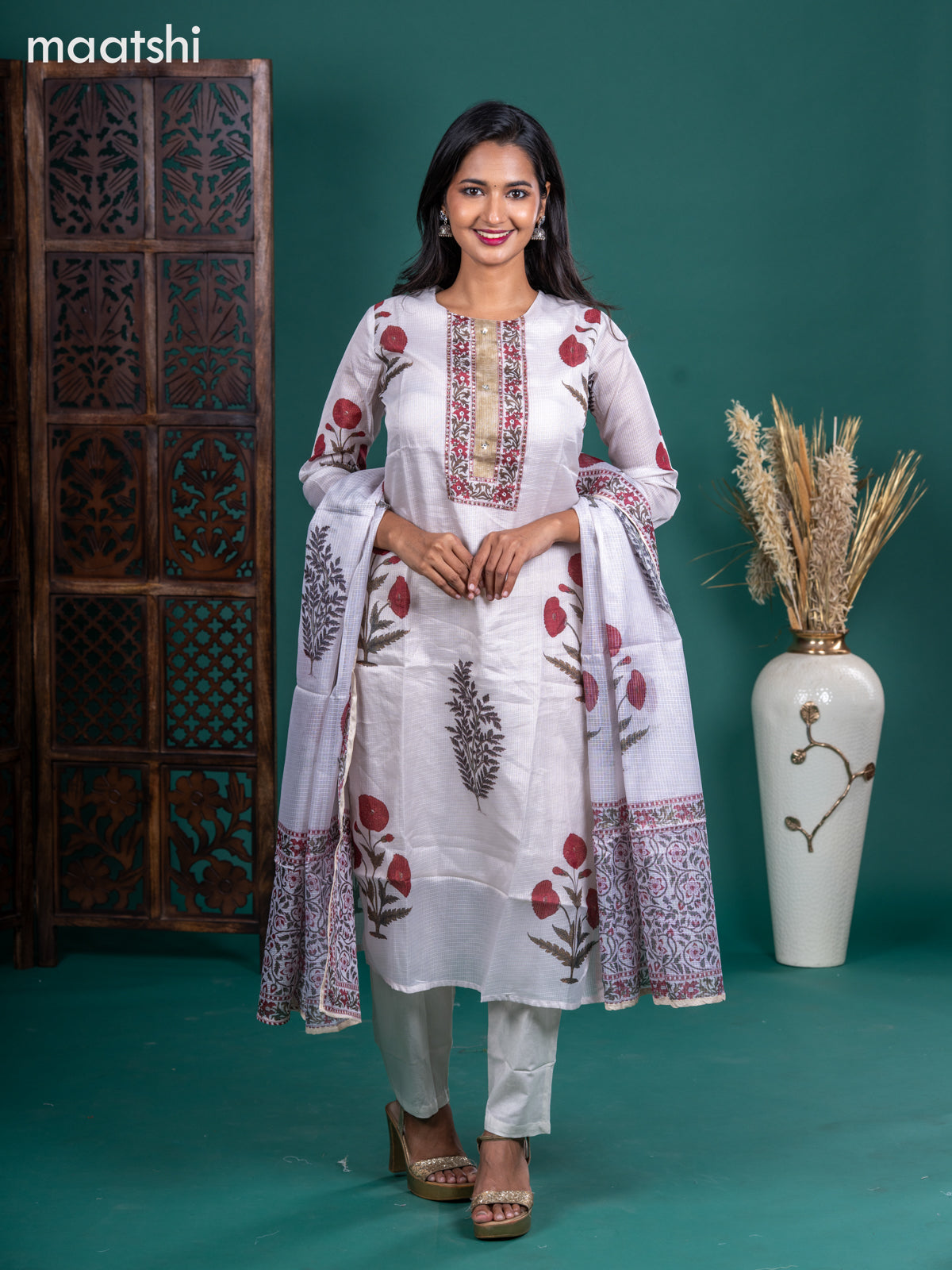 Kota salwar suit off white with butta prints & mirror sequin work neck pattern and straight cut pant & kotta dupatta