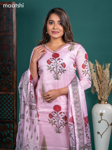 Kota salwar suit peach shade with butta prints & zardosi work v neck pattern and straight cut pant & kotta dupatta