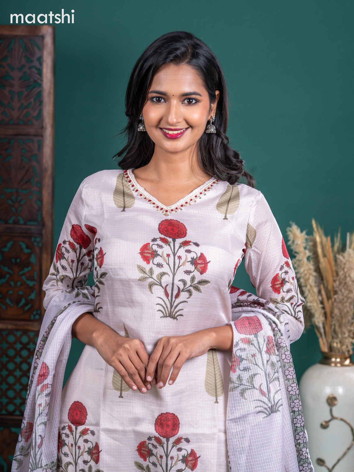 Kota salwar suit cream with butta prints & zardosi work v neck pattern and straight cut pant & kotta dupatta