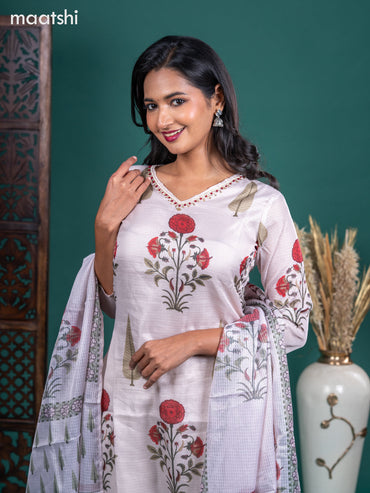 Kota salwar suit cream with butta prints & zardosi work v neck pattern and straight cut pant & kotta dupatta