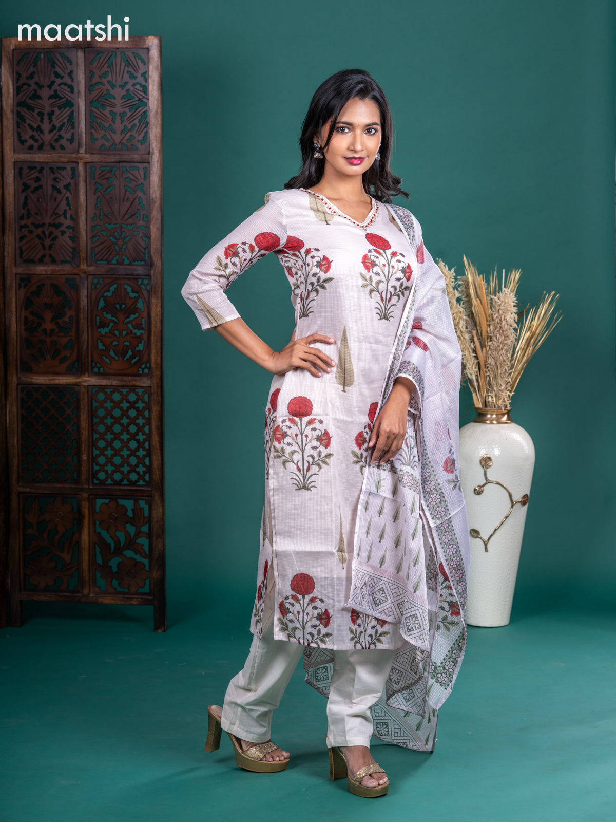 Kota salwar suit cream with butta prints & zardosi work v neck pattern and straight cut pant & kotta dupatta