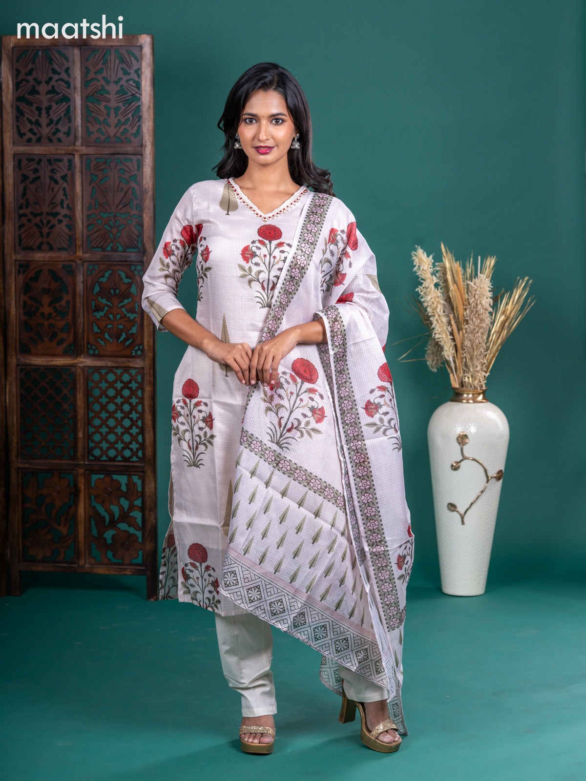 Kota salwar suit cream with butta prints & zardosi work v neck pattern and straight cut pant & kotta dupatta