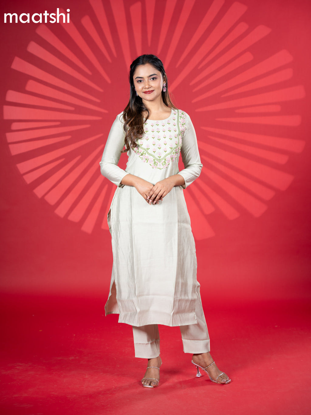 Muslin kurti set pista green with embroidery work neck pattern and straight cut pant