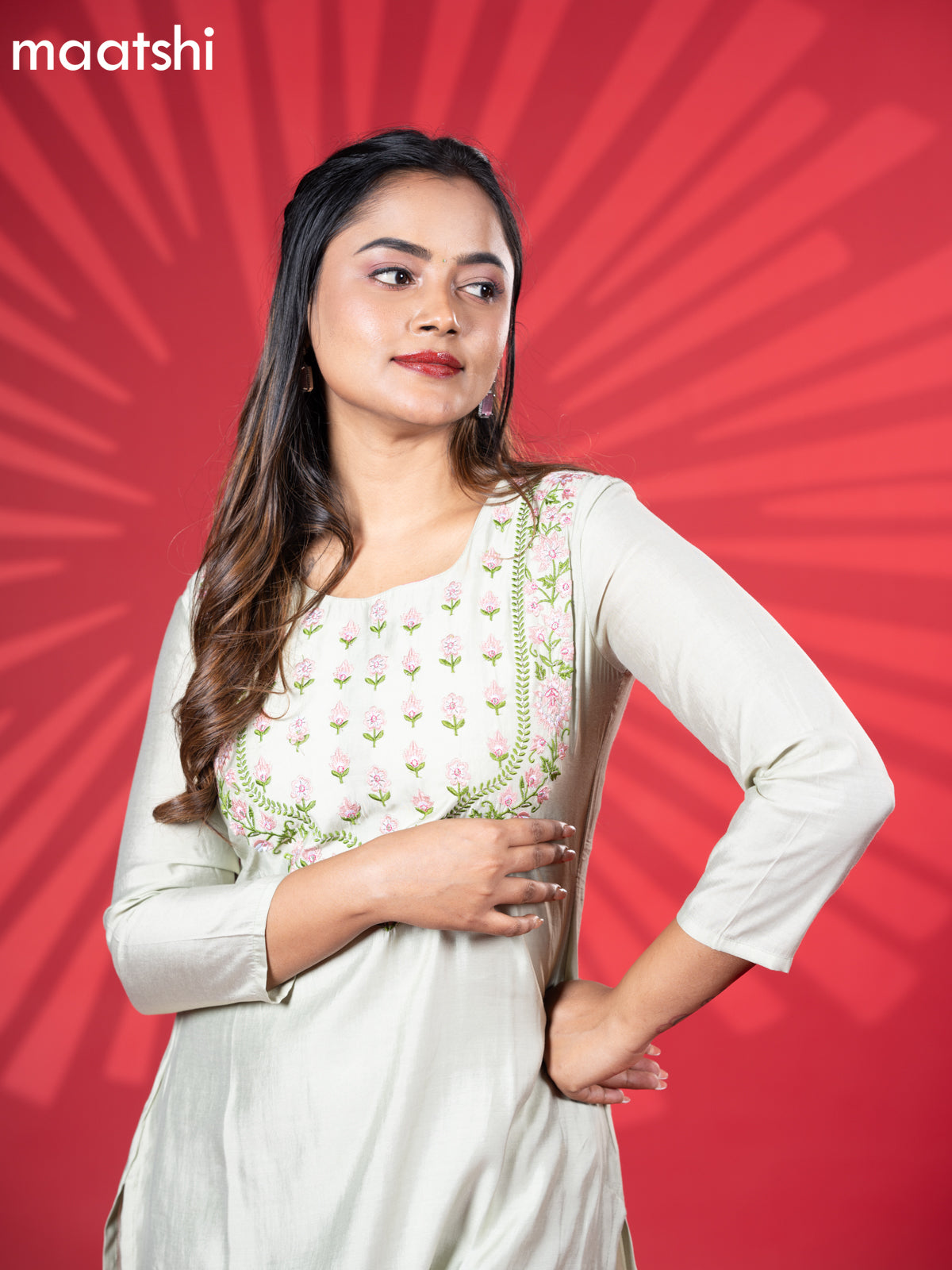 Muslin kurti set pista green with embroidery work neck pattern and straight cut pant