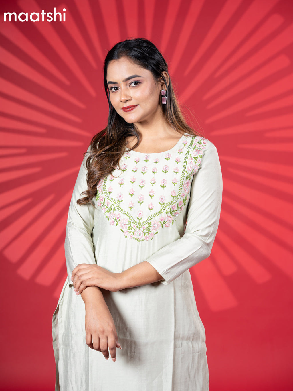 Muslin kurti set pista green with embroidery work neck pattern and straight cut pant