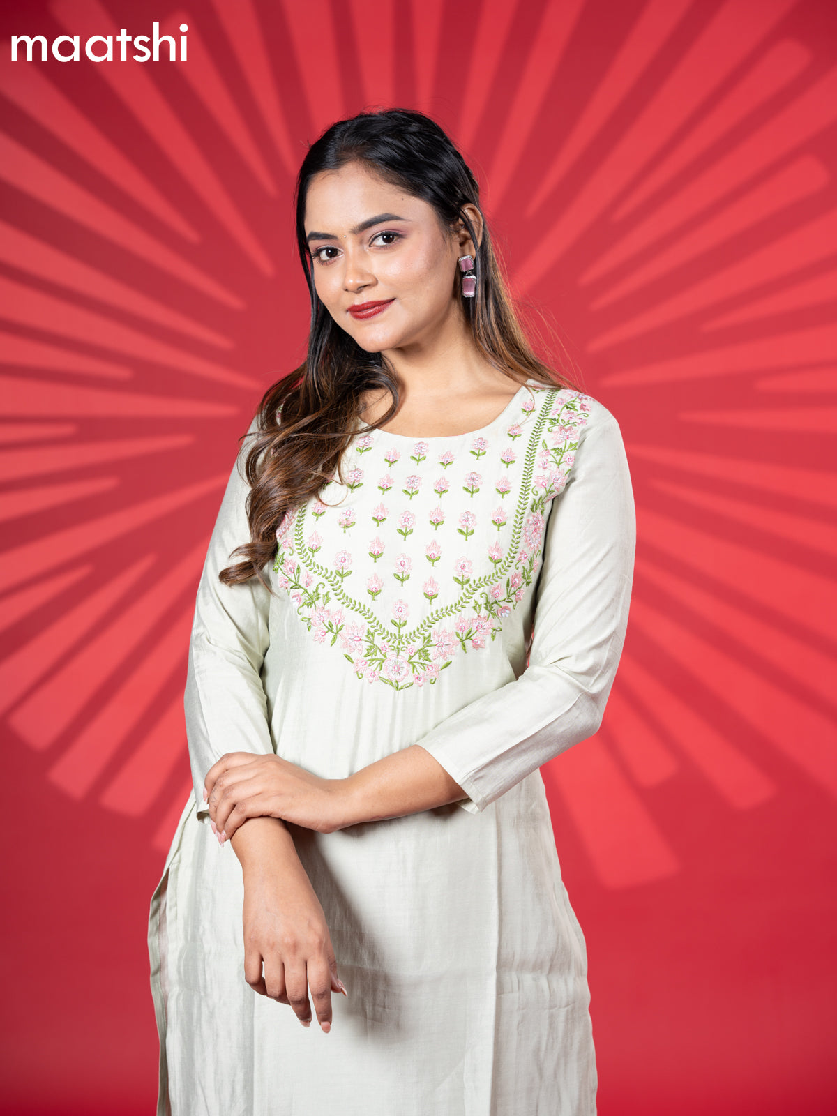 Muslin kurti set pista green with embroidery work neck pattern and straight cut pant