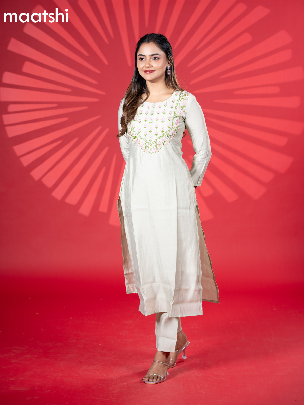 Muslin kurti set pista green with embroidery work neck pattern and straight cut pant