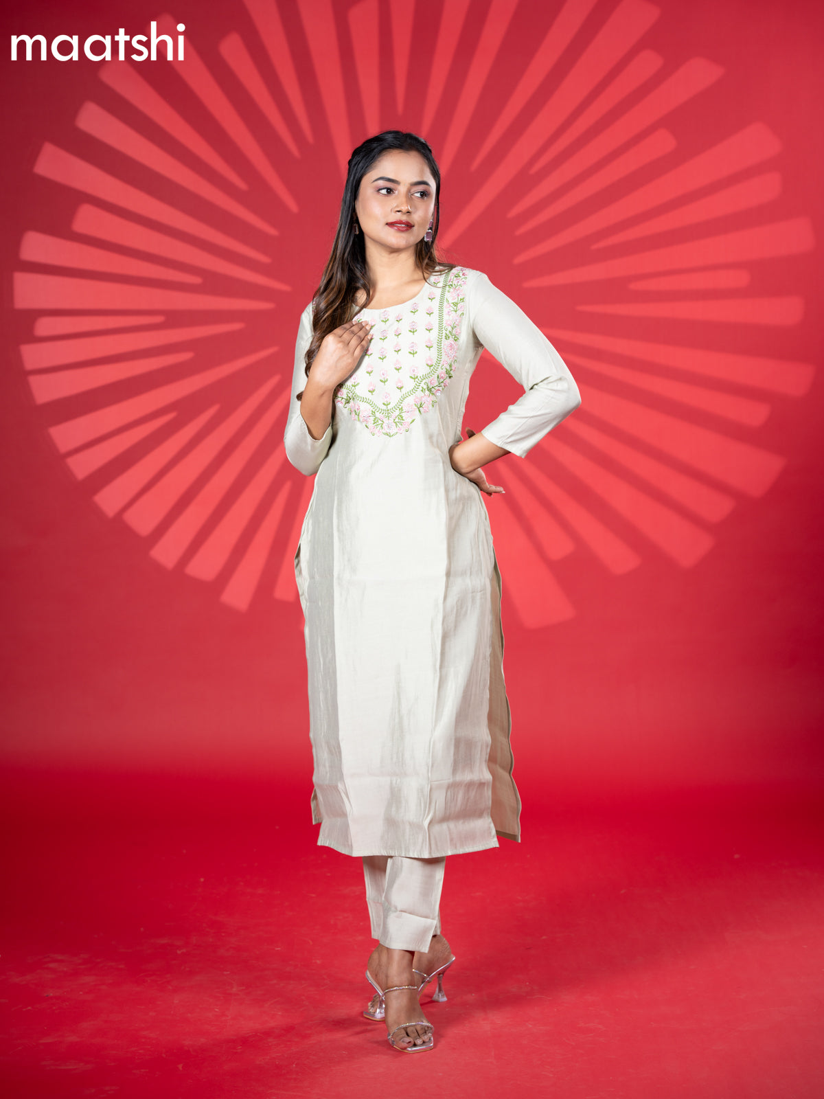 Muslin kurti set pista green with embroidery work neck pattern and straight cut pant