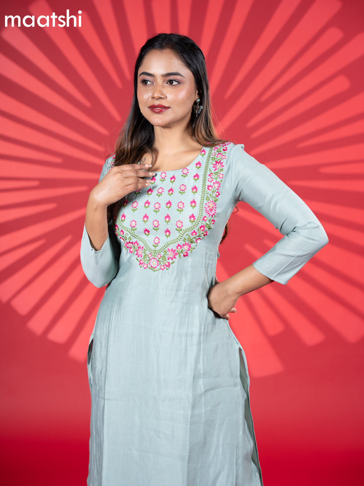 Muslin kurti set pastel blue with embroidery work neck pattern and straight cut pant