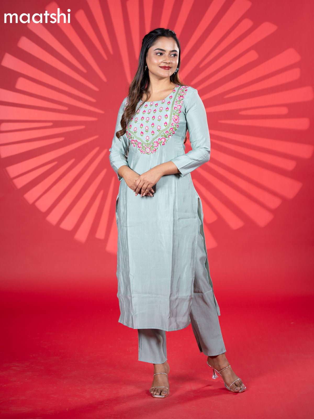 Muslin kurti set pastel blue with embroidery work neck pattern and straight cut pant
