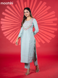 Muslin kurti set pastel blue with embroidery work neck pattern and straight cut pant