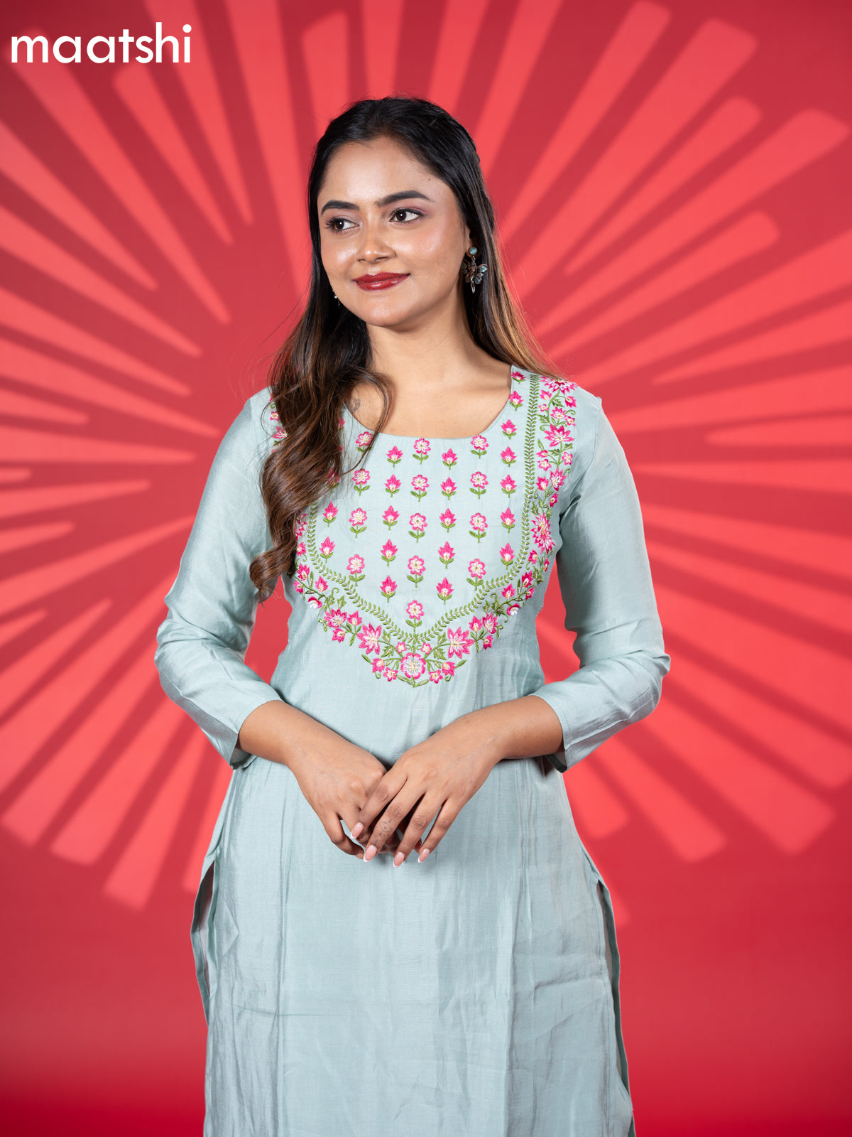 Muslin kurti set pastel blue with embroidery work neck pattern and straight cut pant