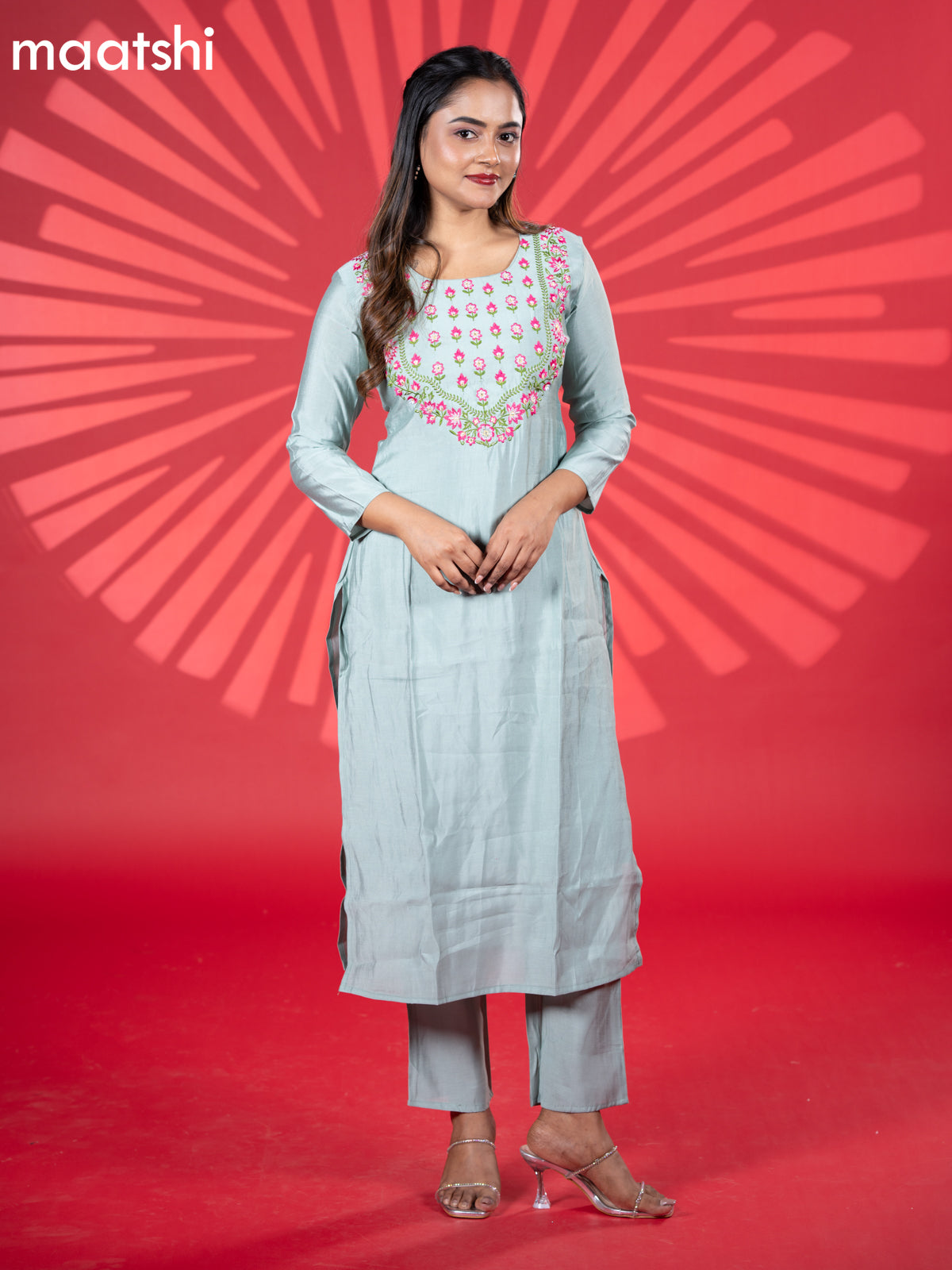 Muslin kurti set pastel blue with embroidery work neck pattern and straight cut pant