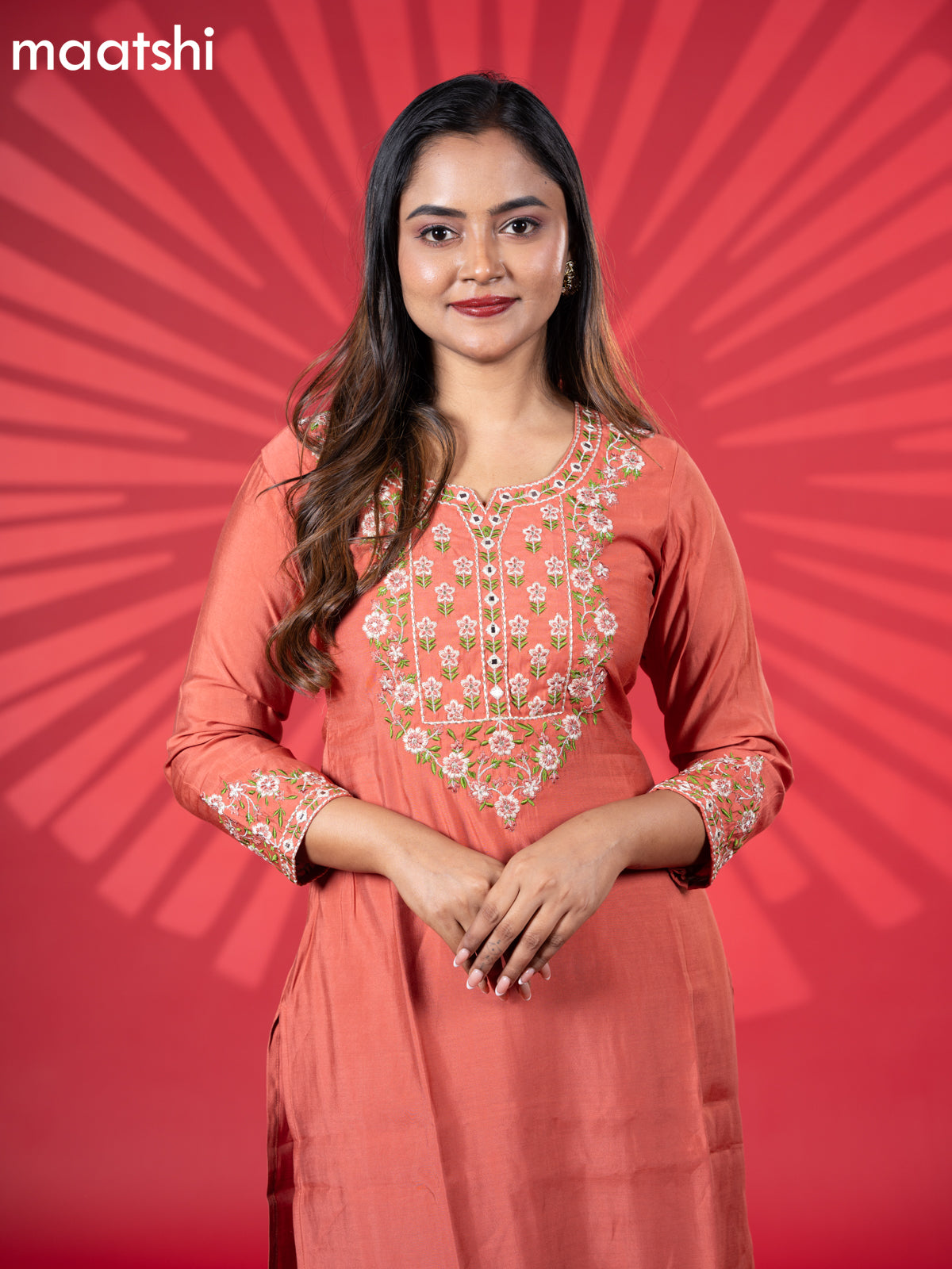 Muslin kurti set rust shade with embroidery work neck pattern and straight cut pant