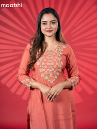 Muslin kurti set rust shade with embroidery work neck pattern and straight cut pant