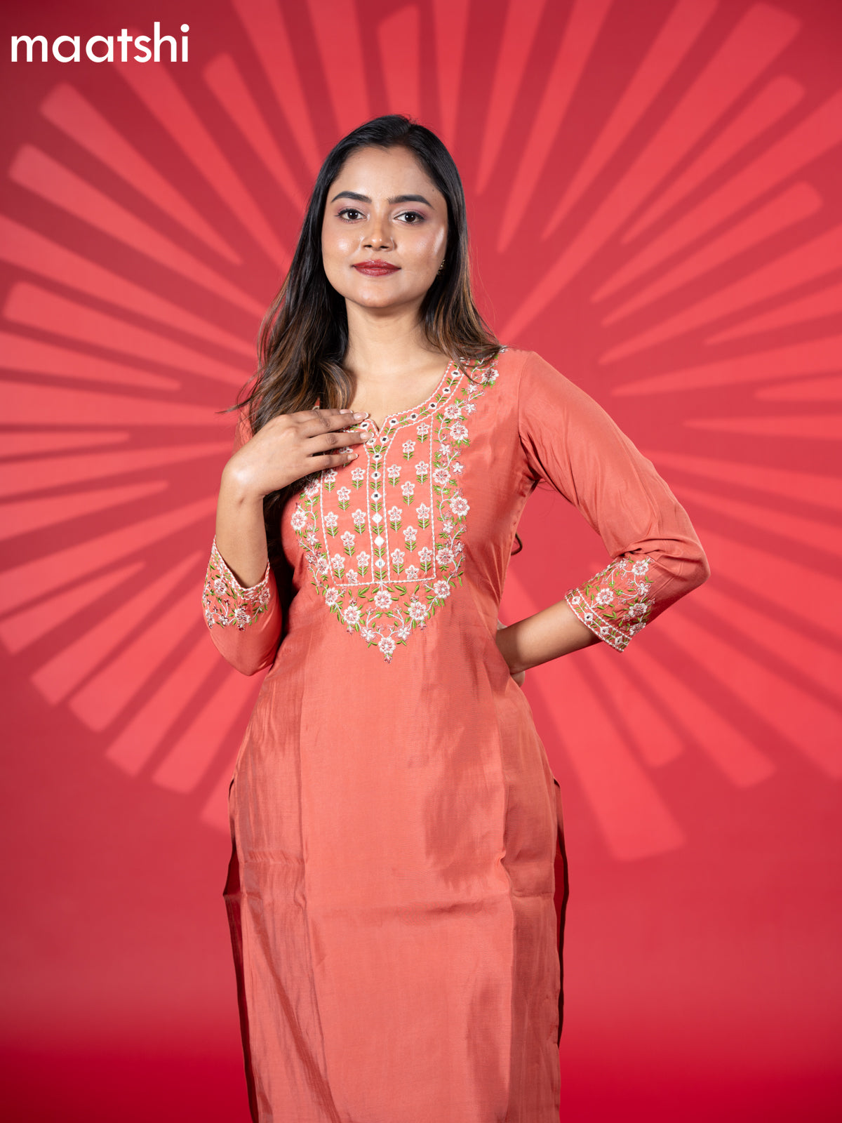 Muslin kurti set rust shade with embroidery work neck pattern and straight cut pant