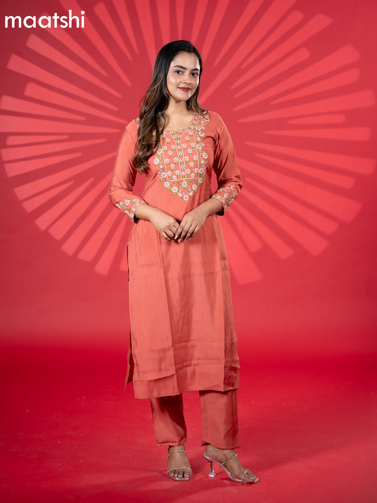 Muslin kurti set rust shade with embroidery work neck pattern and straight cut pant