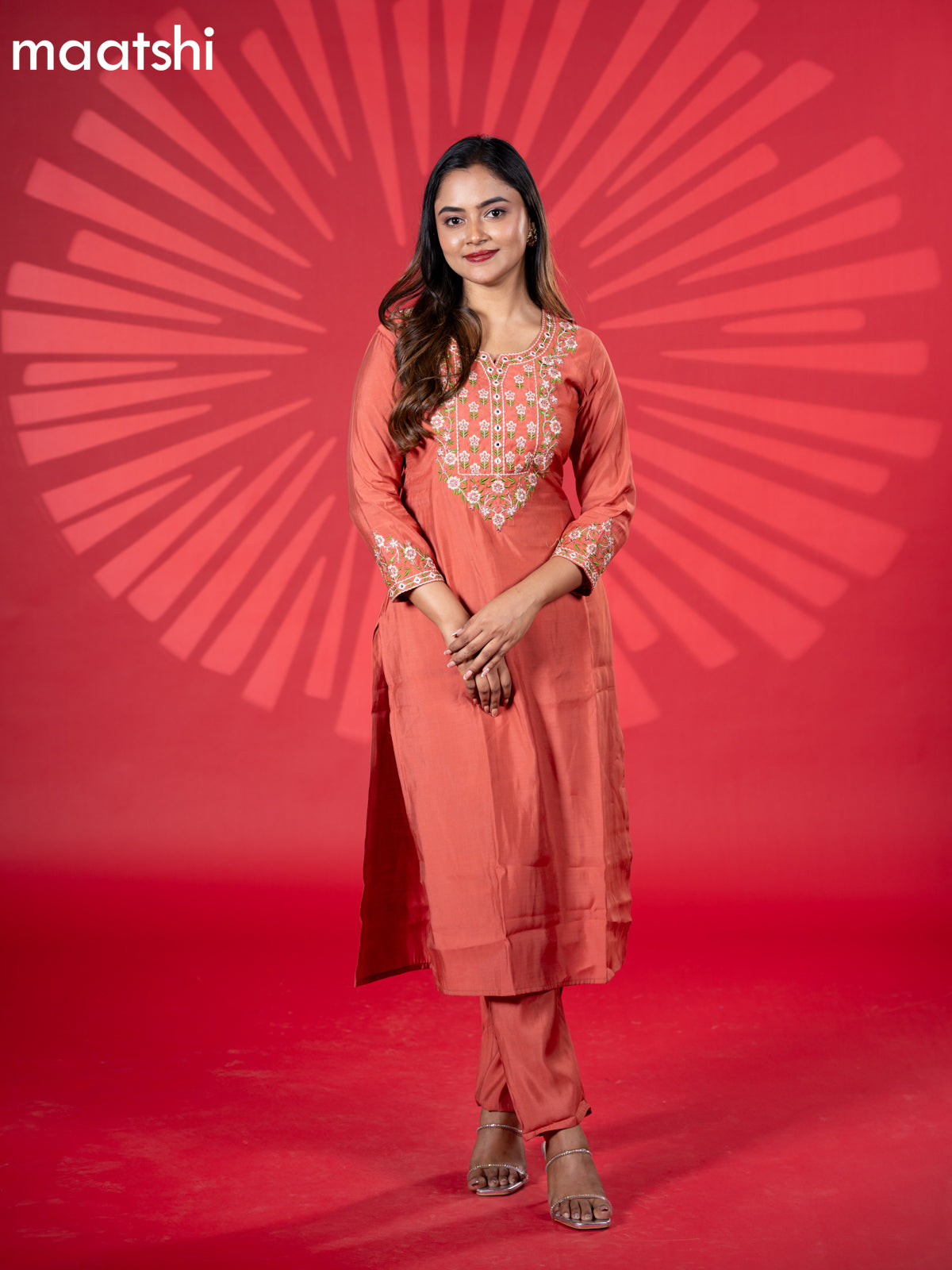 Muslin kurti set rust shade with embroidery work neck pattern and straight cut pant