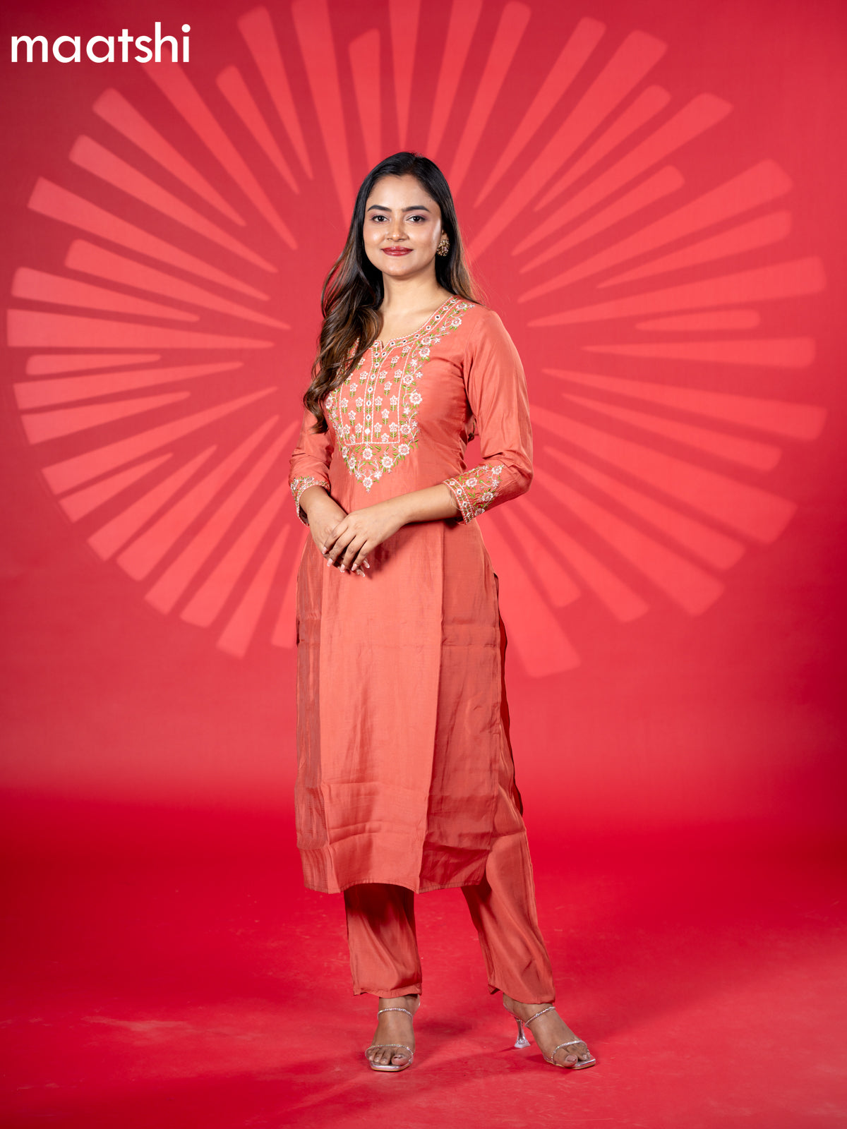 Muslin kurti set rust shade with embroidery work neck pattern and straight cut pant