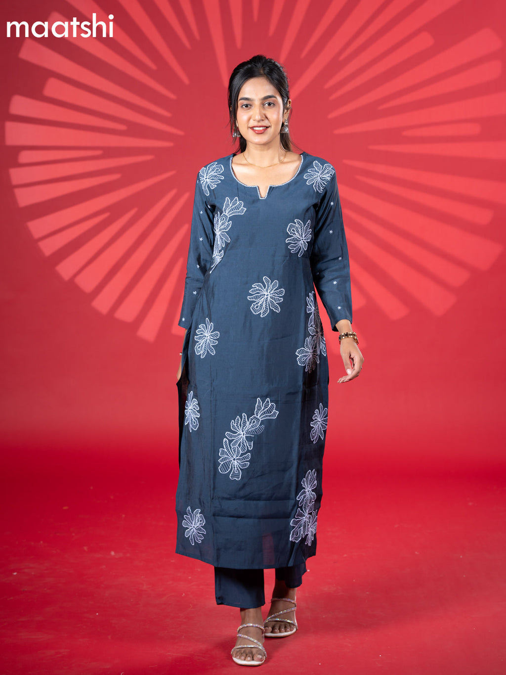 Muslin kurti set peacock blue with embroidery work buttas and straight cut pant
