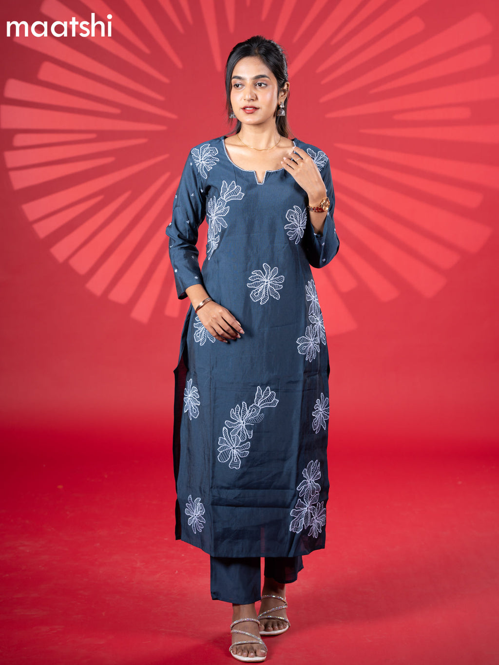 Muslin kurti set peacock blue with embroidery work buttas and straight cut pant