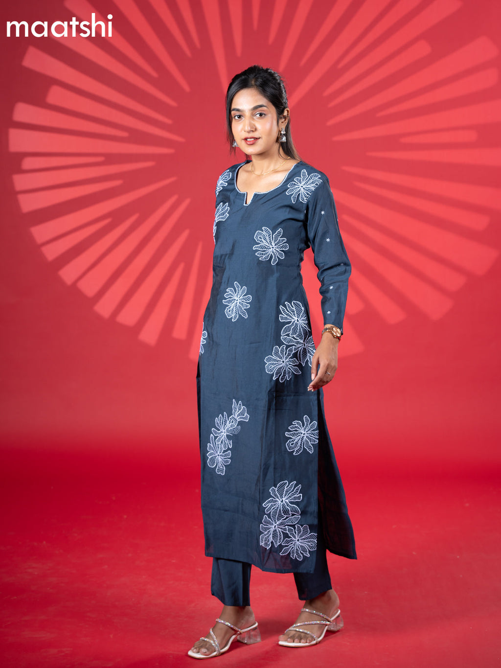 Muslin kurti set peacock blue with embroidery work buttas and straight cut pant