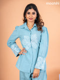Cotton co-ord set pastel blue with floral embroidery work & collar neck pattern and straight cut pant