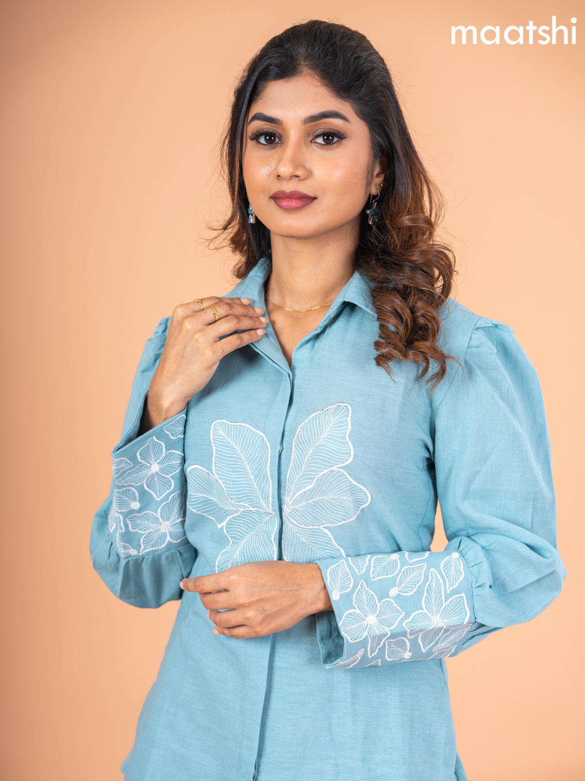 Cotton co-ord set pastel blue with floral embroidery work & collar neck pattern and straight cut pant
