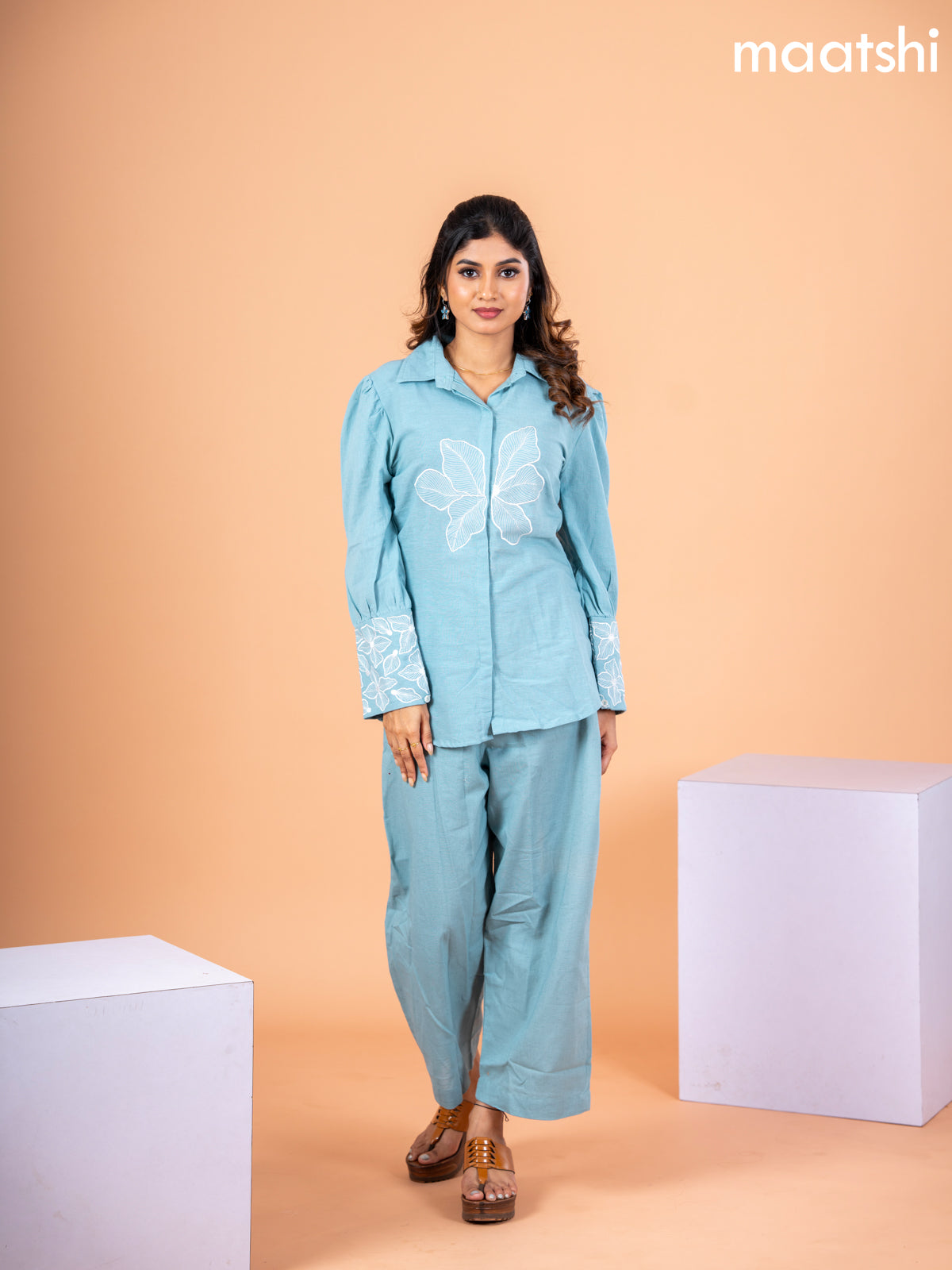 Cotton co-ord set pastel blue with floral embroidery work & collar neck pattern and straight cut pant