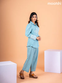 Cotton co-ord set pastel blue with floral embroidery work & collar neck pattern and straight cut pant