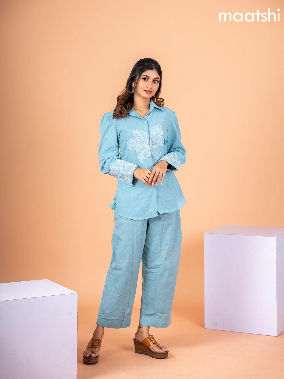 Cotton co-ord set pastel blue with floral embroidery work & collar neck pattern and straight cut pant