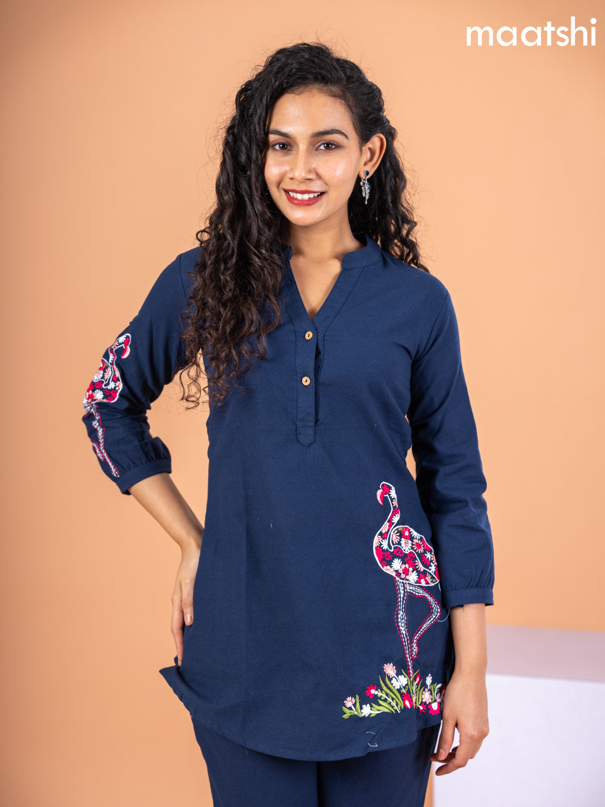 Cotton co-ord set navy blue with embroidery work & simple neck pattern and straight cut pant