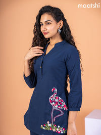 Cotton co-ord set navy blue with embroidery work & simple neck pattern and straight cut pant