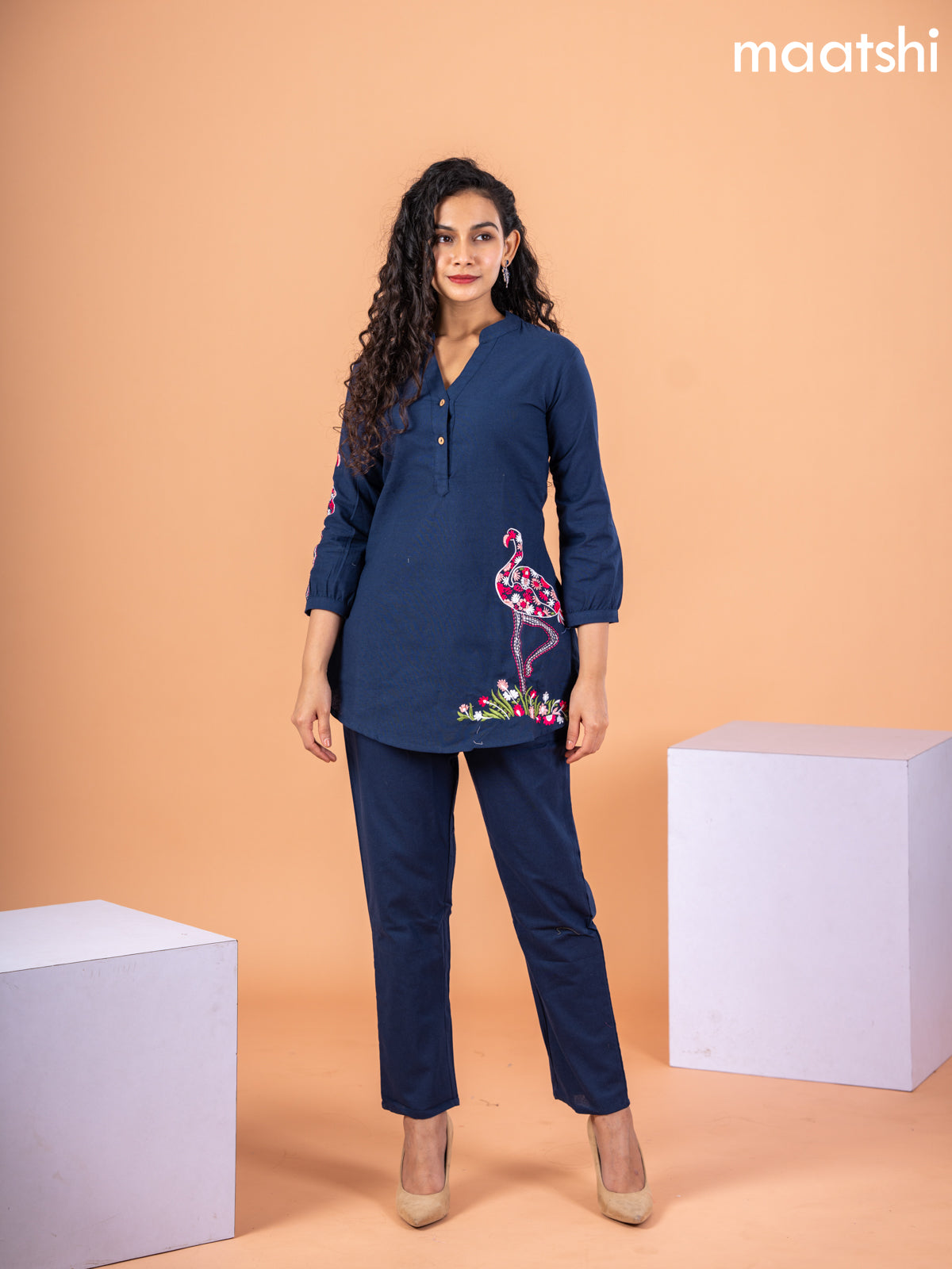 Cotton co-ord set navy blue with embroidery work & simple neck pattern and straight cut pant