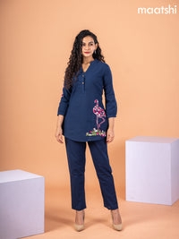 Cotton co-ord set navy blue with embroidery work & simple neck pattern and straight cut pant