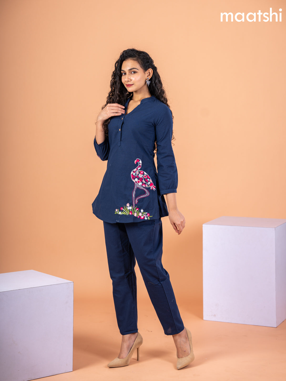 Cotton co-ord set navy blue with embroidery work & simple neck pattern and straight cut pant