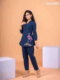 Cotton co-ord set navy blue with embroidery work & simple neck pattern and straight cut pant